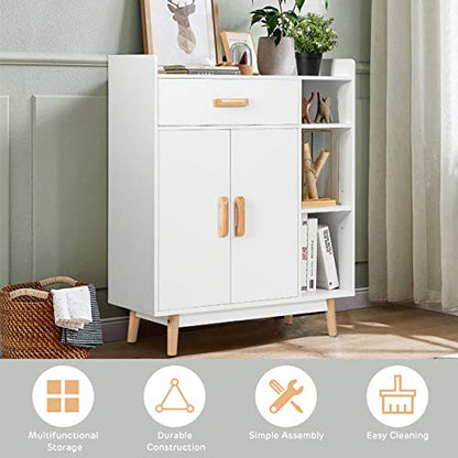 Floor Storage Cabinet, Freestanding Cupboard with 1 Drawer, 2 Doors, 3 Shelves, 4 Rubber Wood Legs, Sideboard, Entryway Unit for Home Office, Living Room, Storage Organizer (White)
