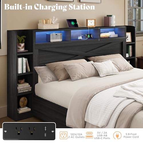 45'' Farmhouse King Bed Frame with Headboard & Storage, Black, view 7