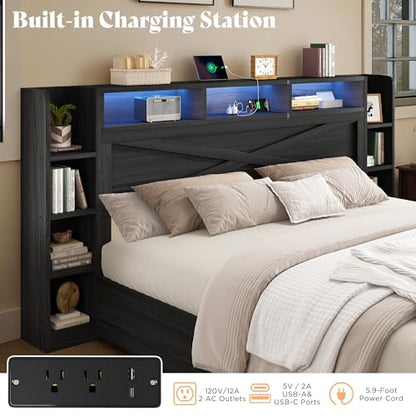 45'' Farmhouse King Bed Frame with Headboard & Storage, Black, view 7