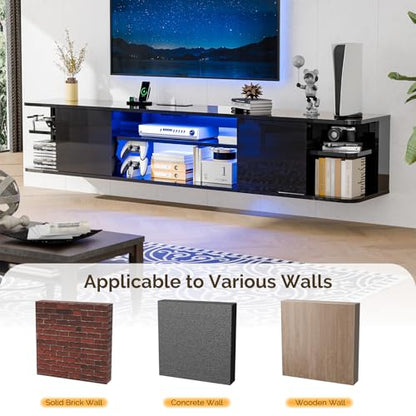 63" Black Floating TV Stand with LED Lights & Power Outlet, view 5