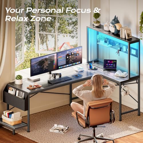 L Shaped Gaming Desk with LED Lights & Power Outlets, view 8
