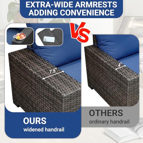 5-Piece Patio Furniture Set, All-Weather Outdoor Wicker Sectional Sofa with Cushions, Tempered Glass Table & Ottoman,Rattan Conversation Seating for Porch, Garden, Backyard,Navy