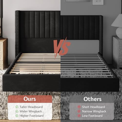 Queen Size Bed Frame Velvet Upholstered Wingback Headboard, Black, view 8