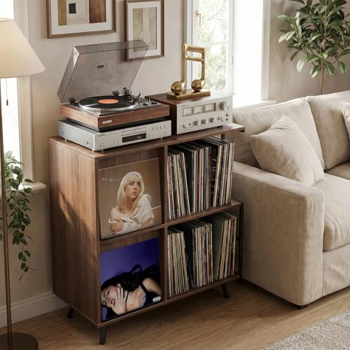 3 Tier Record Player Stand with Flip-Down Record Shelf, Walnut, view 3