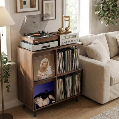3 Tier Record Player Stand with Flip-Down Record Shelf, Walnut, view 3