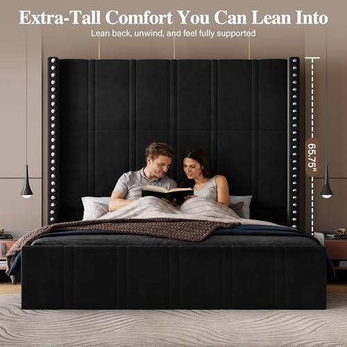 Queen Bed Frame with 65.75" Tall Headboard, Black, view 5
