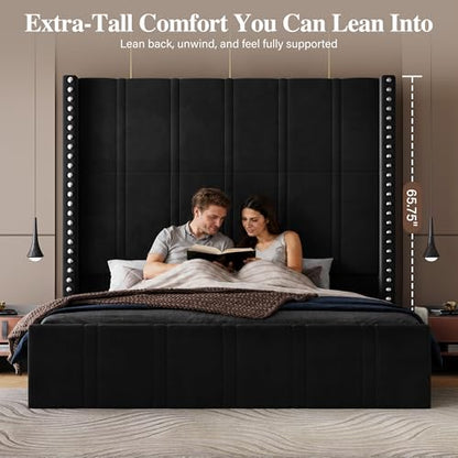 Queen Bed Frame with 65.75" Tall Headboard, Black, view 5