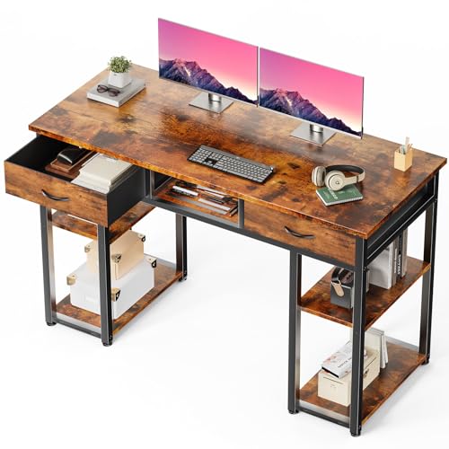 48-Inch Computer Desk with Drawers and Hook, Brown, view 2