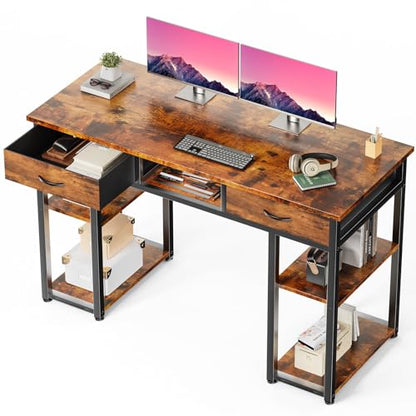48-Inch Computer Desk with Drawers and Hook, Brown, view 2