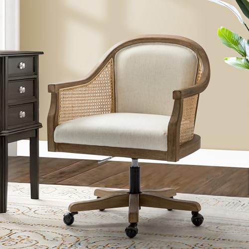Rattan Desk Chair, Wooden Upholstered Home Office Chair, Ivory, view 2