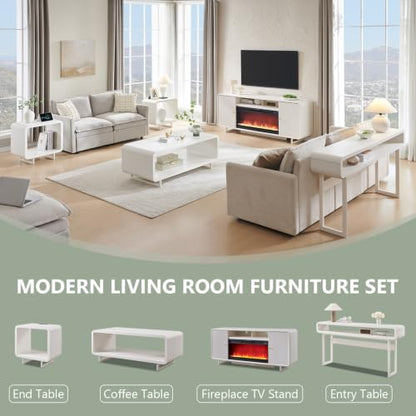 70" Fluted Fireplace TV Stand for 80 Inch TV, Modern Entertainment Center w/36'' Electric Fireplace, Wood Media Console w/Curved Profile Design and Adjustable Shelves for Living Room, White