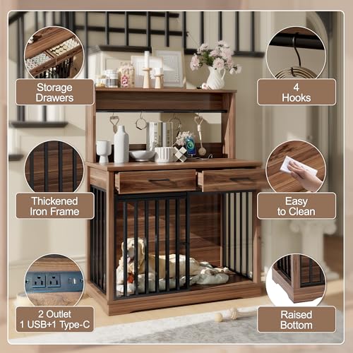 38" Dog Crate Furniture with 2 Storage Drawers and Shelves, view 4