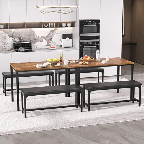 3-Piece 63" Extendable Kitchen Table with Benches/Chairs, Modern Breakfast Dinette/Dining Room Set for 4/6/2, Small Space Saving Design, Easy Assembly