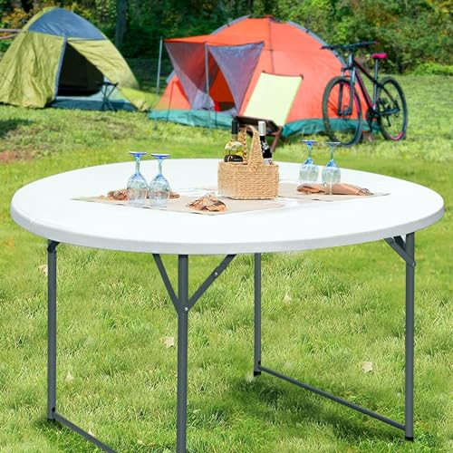 4FT Round Folding Table 48 Inch, Bifold Plastic Dining Table for Wedding, Party, Garden, Patio