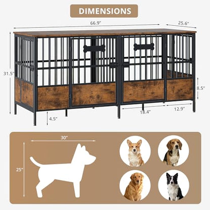 67" Double Dog Crate Furniture with Divider, Brown, view 3