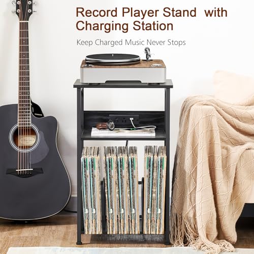 Record Player Stand with Charging Station, Vinyl Record Storage, view 5