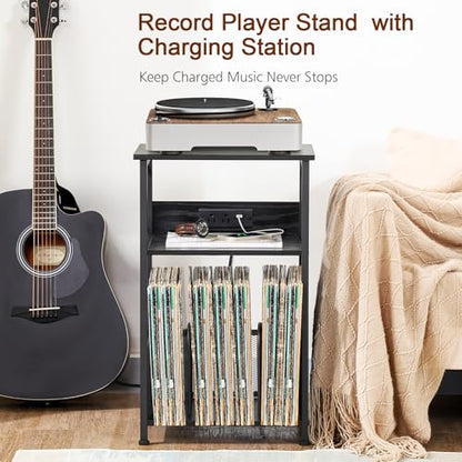 Record Player Stand with Charging Station, Vinyl Record Storage, view 5