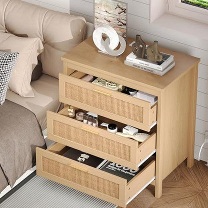 Rattan Nightstand with Charging Station, 23.6" Wide Bedside Table with 3 Drawers, Boho Night Stand with Metal Handles, Accent End Table for Bedroom, Guest Room, Natural