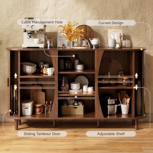 59" Curved Sideboard Cabinet with Storage Adjustable Shelf Walnut, view 5