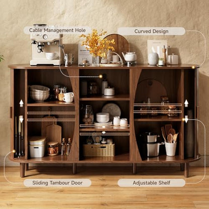 59" Curved Sideboard Cabinet with Storage Adjustable Shelf Walnut, view 5