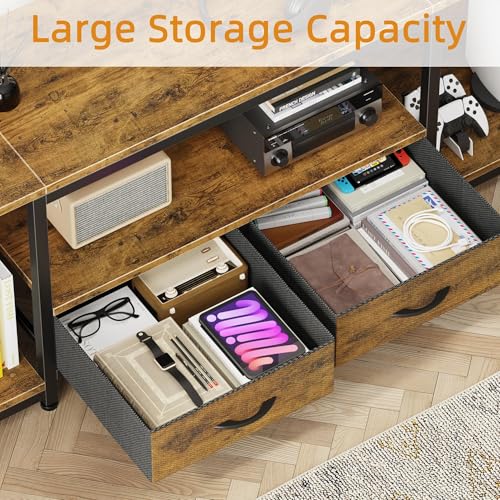 LED TV Stand with Mount and Power Outlet & Fabric Drawers for 32-85 Inches TV - Entertainment Center and Corner Tv Stand for Living Room, Bedroom- 47" Rustic Brown (Max VESA 600mm × 400mm | with Mount
