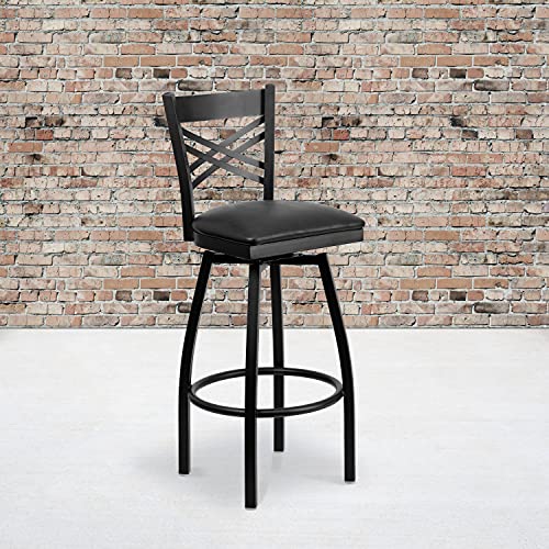 Hercules Series "X" Back Metal Restaurant Barstool, Modern Upholstered Armless Bar Height Chair for Restaurants and Kitchens, Black