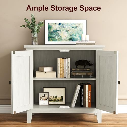 Buffet Cabinet with Storage, Mid Century Modern Sideboard with Adjustable Shelves, Wood Credenza Cabinet, Console Table for Dining Room, Living Room, Kitchen, Hallway, White (2-Door)