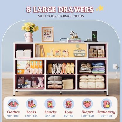 LED Dresser TV Stand for 55 Inch TV, 8 Fabric Drawers, Pink Dresser, view 5