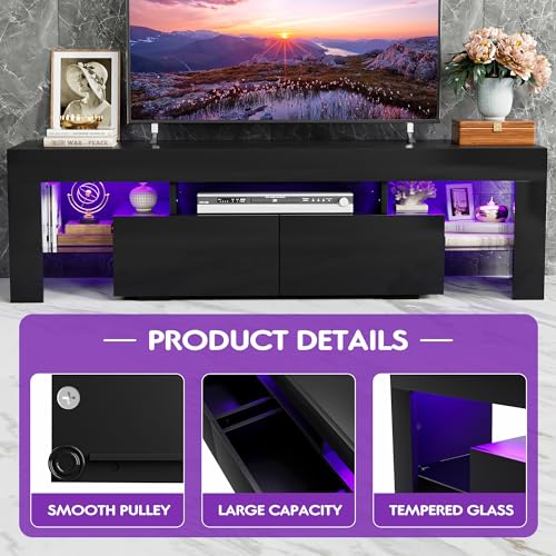 TV Stand, Modern Lighting TV Cabinet Entertainment Center Media and Open Shelf, TV Console Table with 1 Drawer and Remote Control, 20 Color LED Lights up to 70 Inch TV (Black)