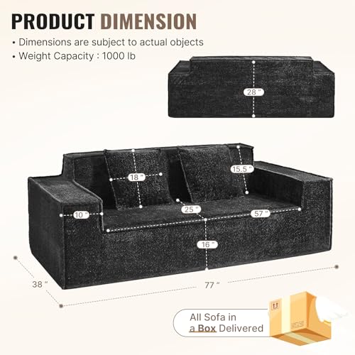 77'' Modern Cloud Loveseat Couch, No Assembly Required Deep Seat Sofa in Chenille Includes 2 pcs Pillows for Living Room, Bedroom, Apartment(Black)