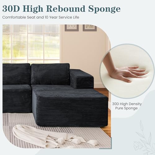 106" Cloud Sectional Couch with Chaise Lounge, L-Shape Modular Sectional Boneless Sofa with Deep Seat, Upholstered Couches for Living Room Bedroom, No Assemble, Black (Plush Corduroy Fabric)