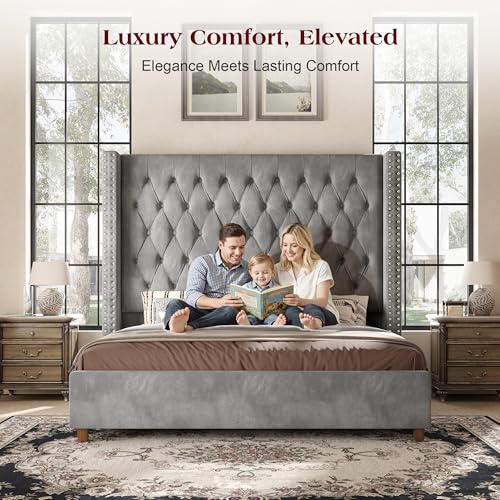 Queen Bed Frame 61.4" Tall Upholstered Wingback Headboard, Grey