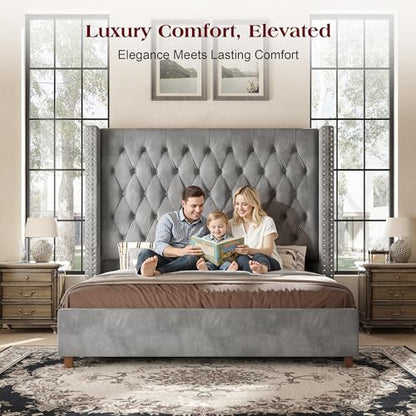Queen Bed Frame 61.4" Tall Upholstered Wingback Headboard, Grey