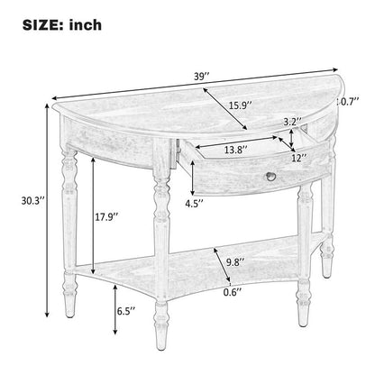 Black half moon console table with drawer and shelf, view 2