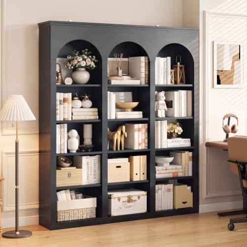 71" Triple Arched Bookcase, Tall Bookshelf with Shelves, Black, view 3