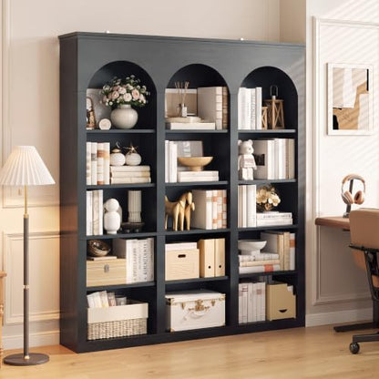 71" Triple Arched Bookcase, Tall Bookshelf with Shelves, Black, view 3