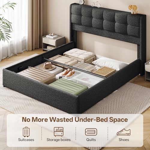 Lift Up Queen Size Bed Frame with Storage, Upholstered Queen Bed Frame with Wingback Headboard, No Box Spring Needed, Easy Assembly - Dark Grey