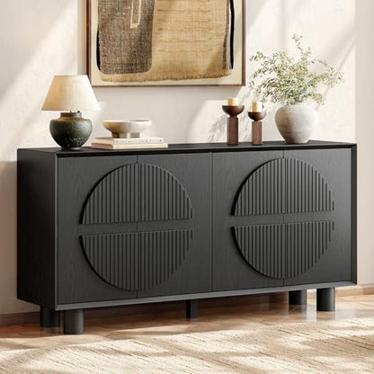 63 Inch Fluted Buffet Cabinet w/ Storage, Push-Spring Doors, Black, view 2