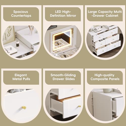 LUMISOL 59.9'' Large Vanity Desk with Flip-Top Tabletop and 7 Drawers, Makeup Vanity Table with Compartments, 3 Shelves, White