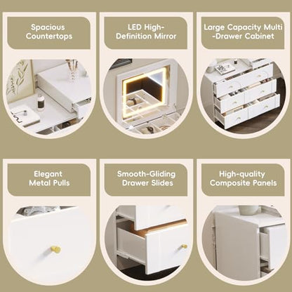 LUMISOL 59.9'' Large Vanity Desk with Flip-Top Tabletop and 7 Drawers, Makeup Vanity Table with Compartments, 3 Shelves, White