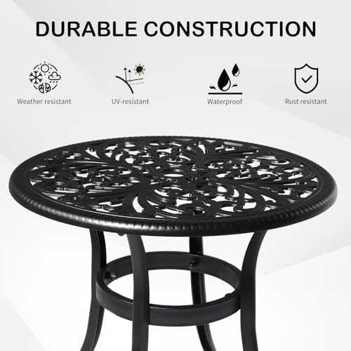 23.6" Cast Aluminum Round Patio Table with Umbrella Hole - All Weather Outdoor Bistro & End Table (Black)