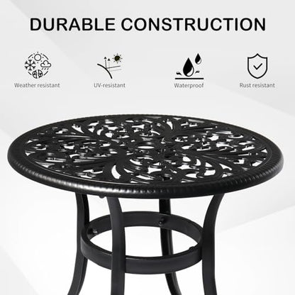 23.6" Cast Aluminum Round Patio Table with Umbrella Hole - All Weather Outdoor Bistro & End Table (Black)