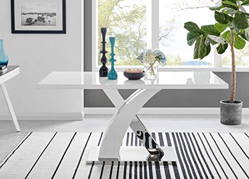 Atlanta Modern Rectangle Chrome Metal White High Gloss Dining Table and 6 Cappuccino Beige Lorenzo Chairs Set