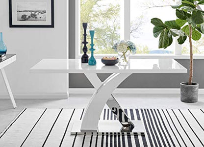 Atlanta Modern Rectangle Chrome Metal White High Gloss Dining Table and 6 Cappuccino Beige Lorenzo Chairs Set