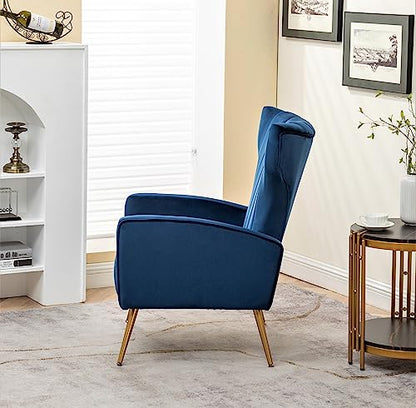 Modern Velvet Accent Chair, Channel Tufted Bedroom, Office or Living Room Furniture with Elegant Metal Legs, 26" Wide Armchair, Blue