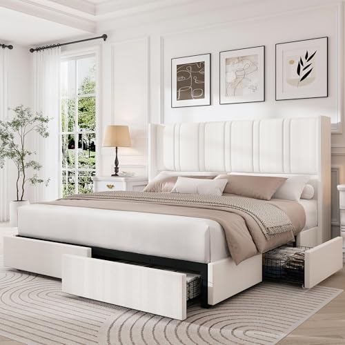 King Size Bed Frame with 4 Storage Drawers and Wingback Headboard Linen, view 2