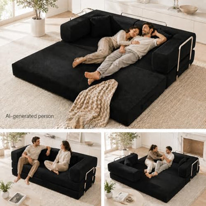 Folding Sofa Bed Convertable Corduroy Couch King Size Floor Sleeper 4-in-1 DIY Combination Modular Sofa Fold Out Futon Lounge Comfy Foldable Lazy cama for Living Room (Black, 80.3 inch Sofa)