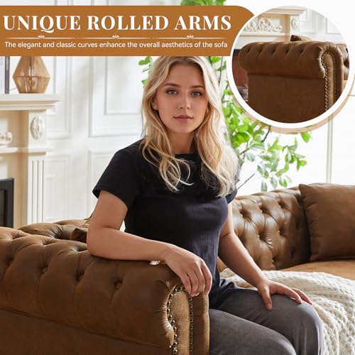 Modern Chesterfield Sofa Couch, 85.5-inch Faux Leather 3-Seater Sofa with Rolled Arms and Tufted Button for Living Room, Office, Brown