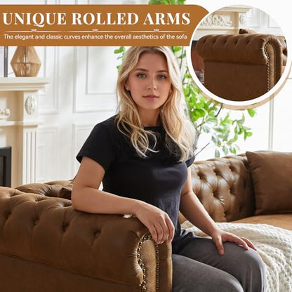 Modern Chesterfield Sofa Couch, 85.5-inch Faux Leather 3-Seater Sofa with Rolled Arms and Tufted Button for Living Room, Office, Brown