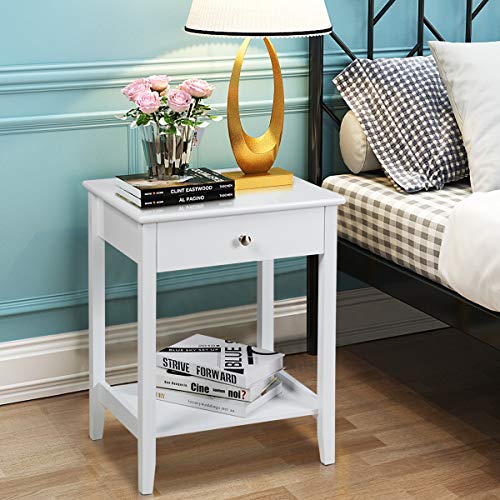 Nightstand Wooden 2-Tier Couch Sofa Side Table with Drawer, Storage Shelf, Solid Wood Legs,Mufti-Functional Home Furniture for Living Room Bedroom Study Room End Table (2, White)